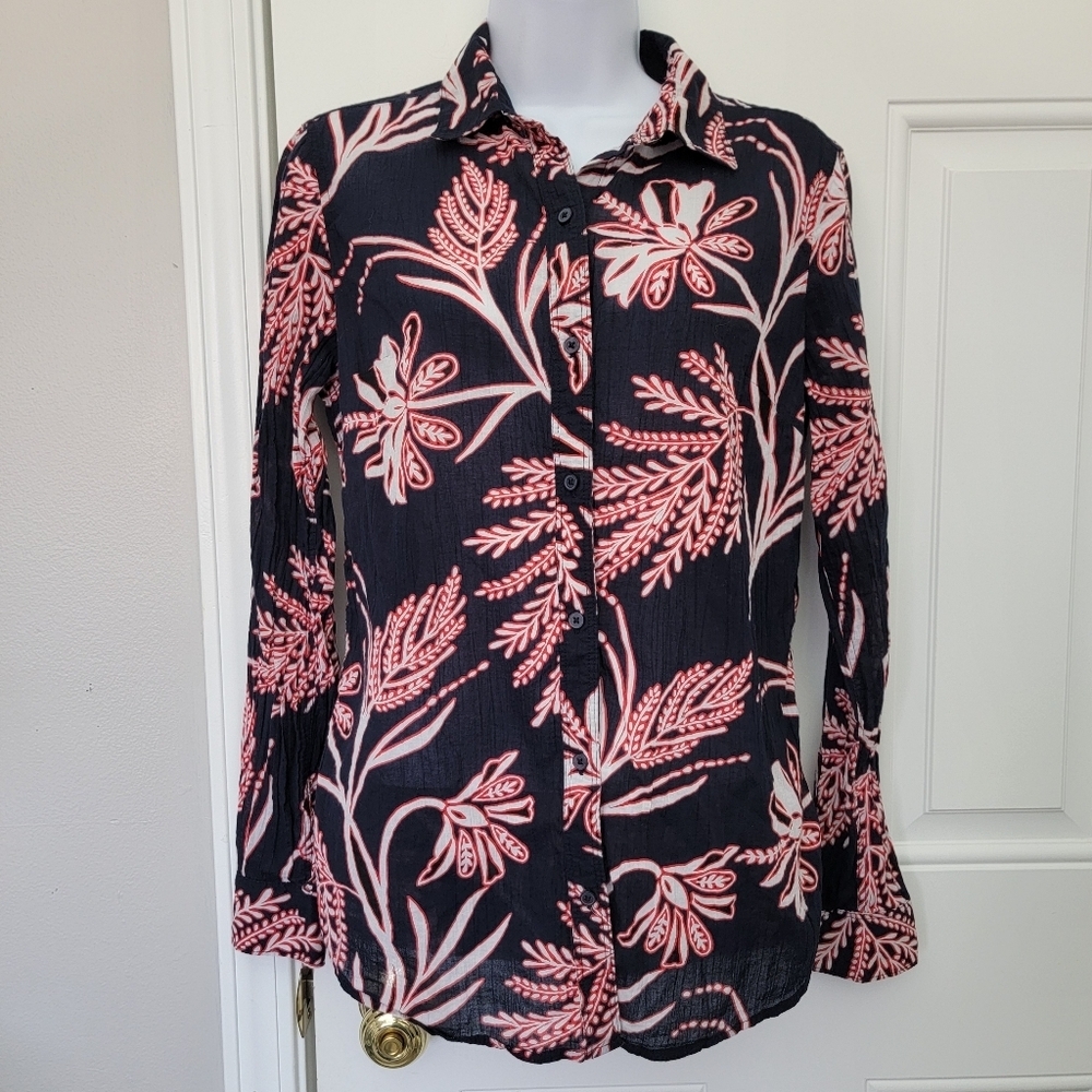 Banana Republic Navy Red White Tropical Long Sleeve Button Up Shirt Size Small